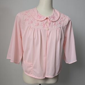 Vintage Styled by Nanette Bed Jacket Pink Nylon Embroidered Peter Pan Collar (M)